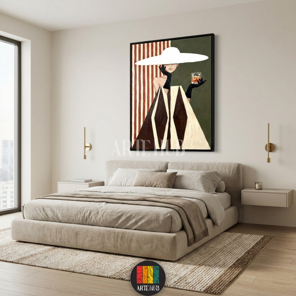  Elegant vintage canvas wall art by Artehub showing a lady in a white hat and geometric dress, adding a touch of sophisticated Egyptian style to any room.

 لوحة جدارية كلاسيكية من آرت هب تعرض سيدة بقبعة بيضاء وفستان هندسي، تضيف لمسة من الفخامة لديكور المنازل في مصر.