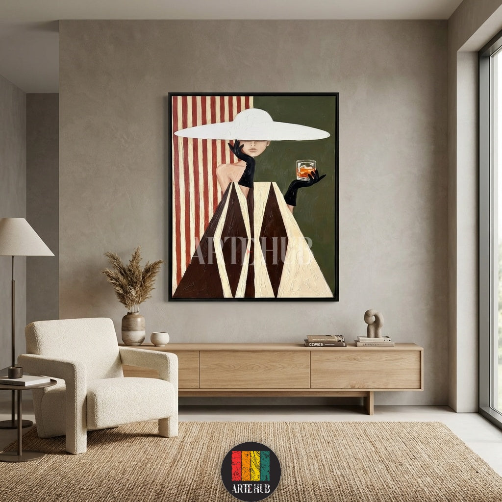 A contemporary painting of a woman in a wide white hat and black gloves, holding a glass, with a geometric dress and striped background. Perfect modern wall art for Egyptian homes.
لوحة فنية عصرية لامرأة ترتدي قبعة بيضاء واسعة وقفازات سوداء، تحمل كوبًا، بفستان بنقوش هندسية وخلفية مخططة. قطعة ديكور مميزة للمنازل في مصر.