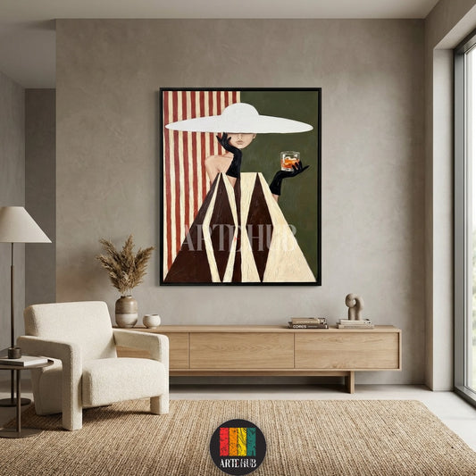 A contemporary painting of a woman in a wide white hat and black gloves, holding a glass, with a geometric dress and striped background. Perfect modern wall art for Egyptian homes.
لوحة فنية عصرية لامرأة ترتدي قبعة بيضاء واسعة وقفازات سوداء، تحمل كوبًا، بفستان بنقوش هندسية وخلفية مخططة. قطعة ديكور مميزة للمنازل في مصر.