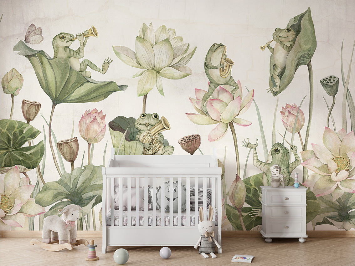 Water Lily Orchestra luxury wallpaper in kids room interior — Artehub Egypt
