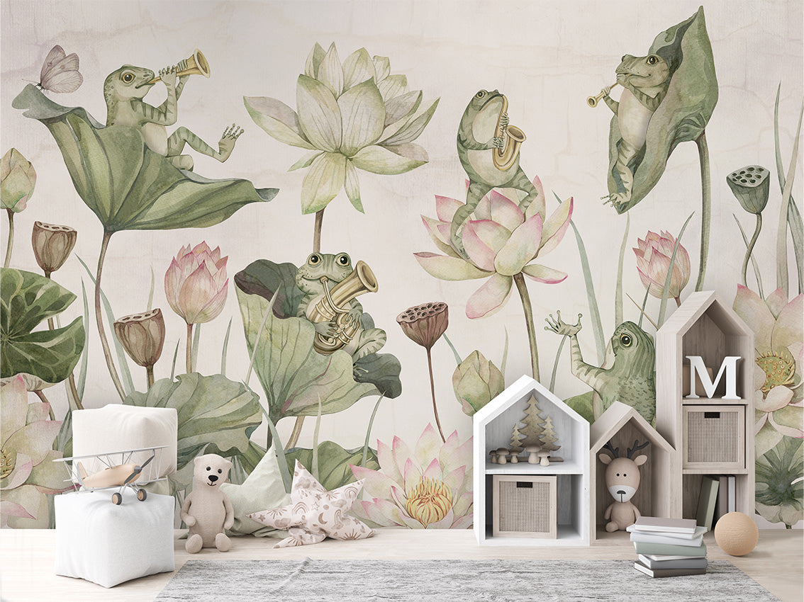 Water Lily Orchestra luxury wallpaper in kids room interior — Artehub Egypt