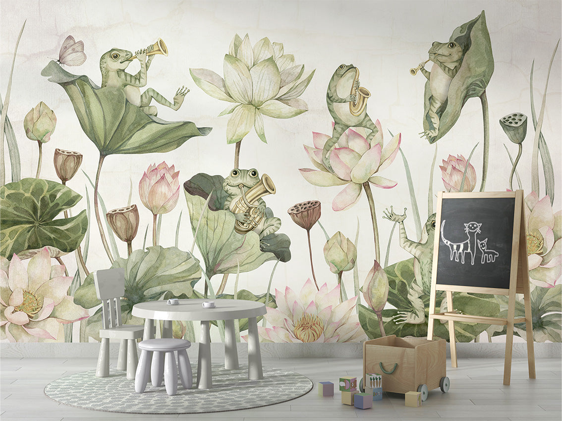 Water Lily Orchestra luxury wallpaper in kids room interior — Artehub Egypt