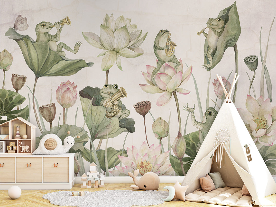 Water Lily Orchestra luxury wallpaper in kids room interior — Artehub Egypt