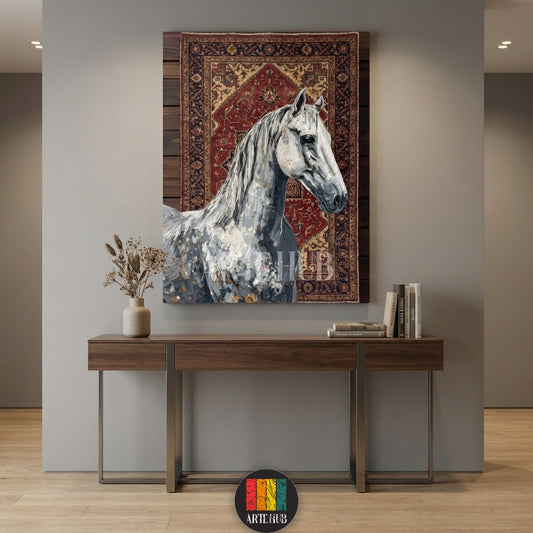 A captivating white horse canvas wall art, depicting the majestic animal against a traditional Persian rug pattern, displayed in a modern Egyptian dining room with wooden furniture and warm lighting. Perfect for adding an elegant touch to any home in Egypt.
تابلوه فني لحصان أبيض مهيب مرسوم بأسلوب مميز، مع خلفية بنمط سجاد فارسي تقليدي، معروض في غرفة طعام عصرية بأثاث خشبي في منزل مصري. مثالي لديكور مميز في مصر.