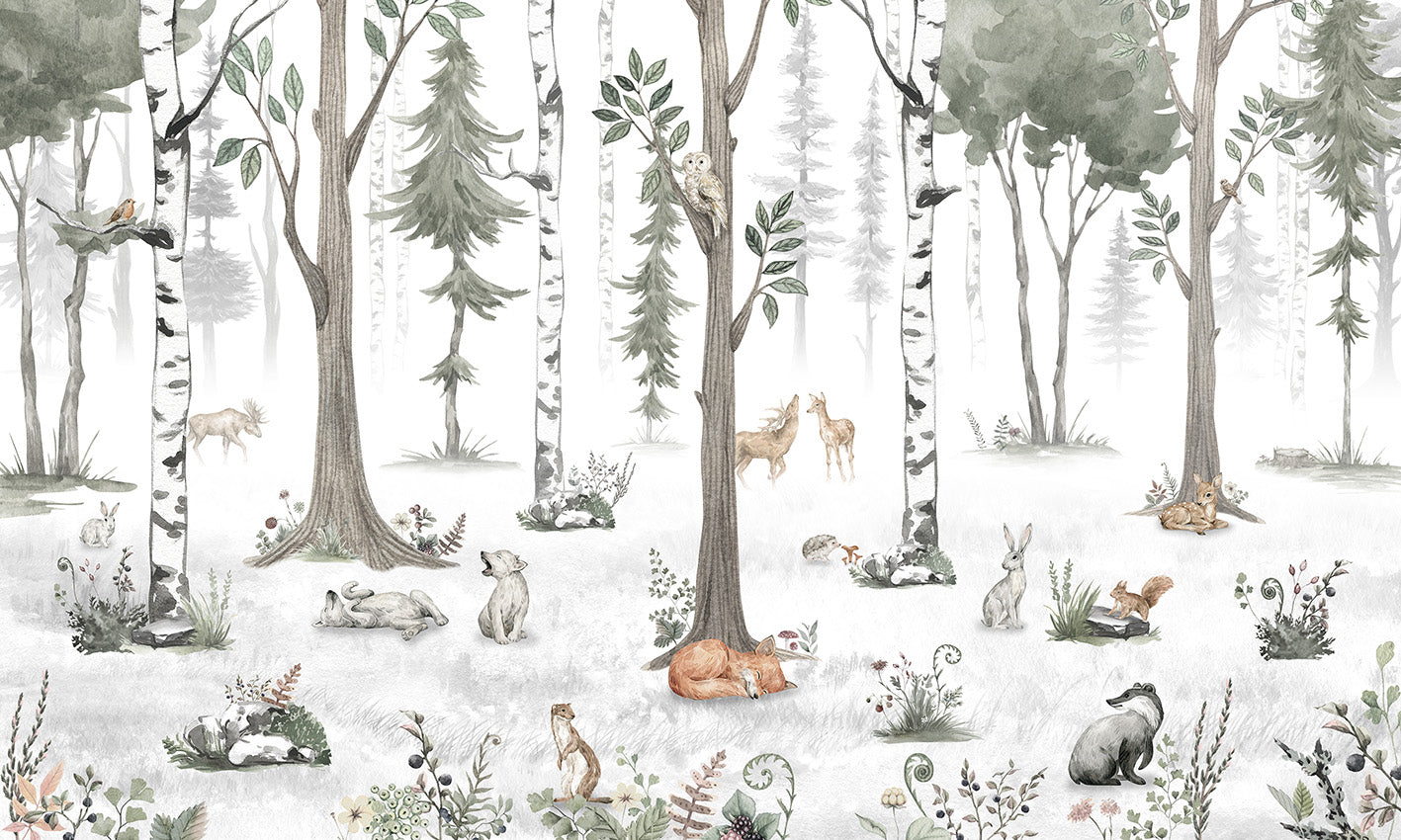 White Woodland European mural wallpaper design for kids room — Artehub Egypt