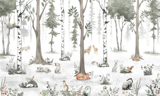 White Woodland European mural wallpaper design for kids room — Artehub Egypt