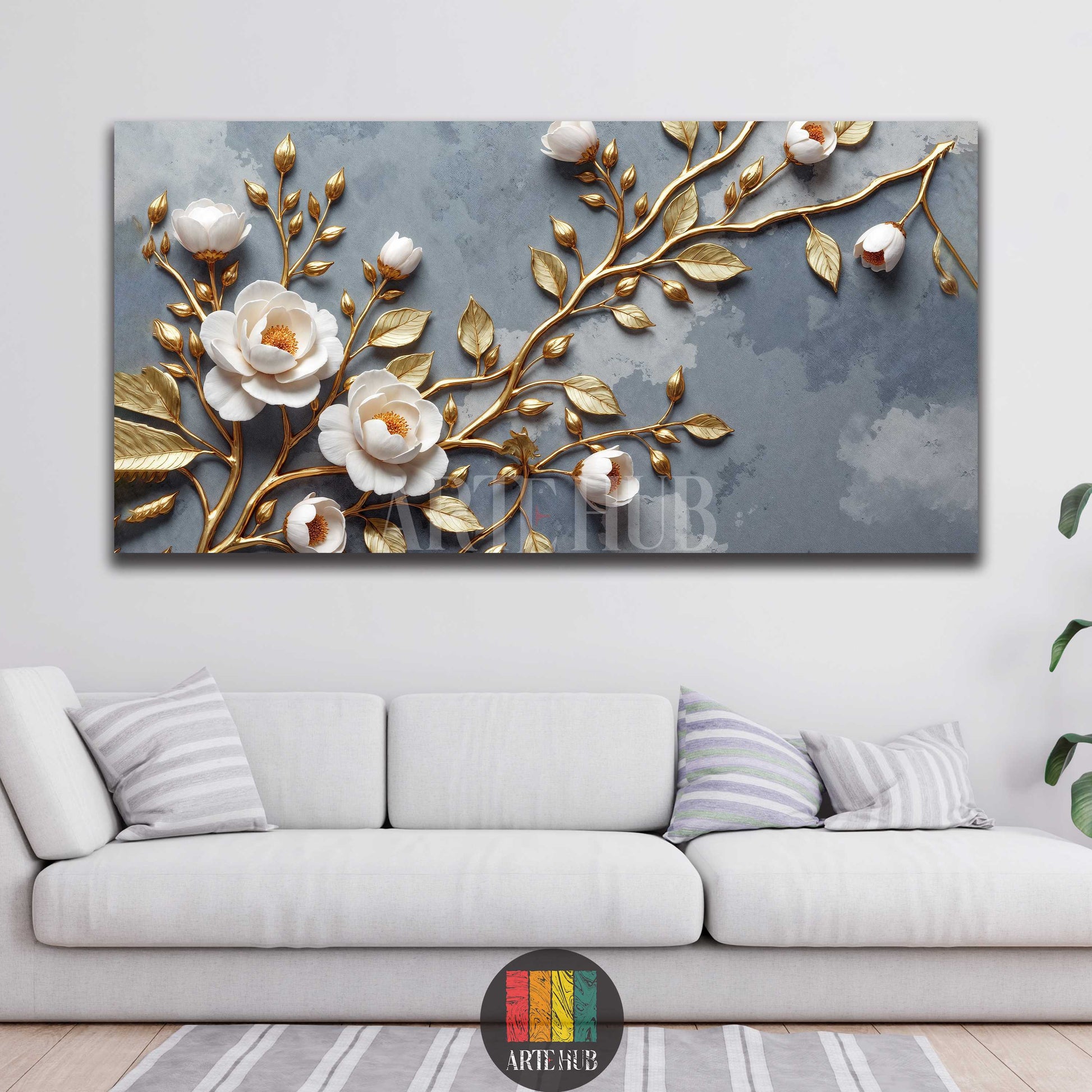 Close-up of a luxurious canvas print featuring embossed-style white flowers with golden accents and branches on a textured grey background. Ideal for sophisticated Egyptian home decor.
تفاصيل تابلوه كانفاس فاخر يصور زهوراً بيضاء بارزة مع أغصان وتفاصيل ذهبية على خلفية رمادية مزخرفة، مثالي لديكورات المنازل العصرية في مصر.