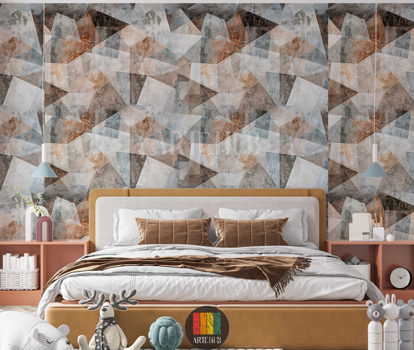 Full view of a modern living room in Egypt featuring a stylish Prism geometric abstract wallpaper in muted earth tones, complemented by a white sofa and contemporary decor elements.
صورة كاملة لغرفة معيشة عصرية في مصر مع ورق حائط Prism بتصميم هندسي مجرد وألوان ترابية هادئة، يكملها أريكة بيضاء وديكورات حديثة.
room: bedroom