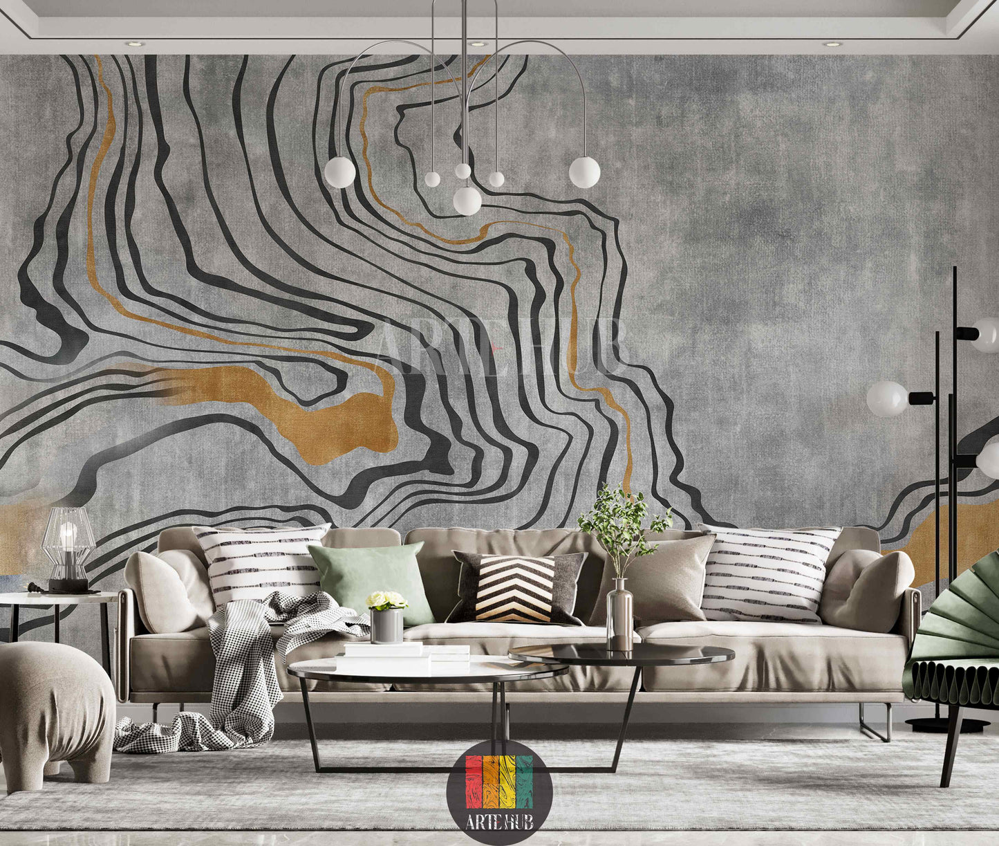 Modern bedroom featuring a large abstract wallpaper with flowing black and gold lines on a textured grey background. The wall art enhances the contemporary home decor in Egypt, creating a luxurious and serene atmosphere.
غرفة نوم عصرية مع ورق حائط كبير بتصميم مجرد بخطوط سوداء وذهبية متدفقة على خلفية رمادية. لوحات الحائط هذه تضيف لمسة فخمة لديكور المنزل في مصر.
room: living room