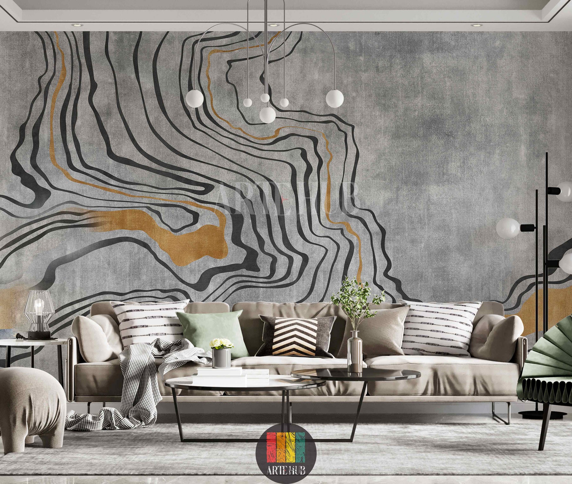 Modern bedroom featuring a large abstract wallpaper with flowing black and gold lines on a textured grey background. The wall art enhances the contemporary home decor in Egypt, creating a luxurious and serene atmosphere.
غرفة نوم عصرية مع ورق حائط كبير بتصميم مجرد بخطوط سوداء وذهبية متدفقة على خلفية رمادية. لوحات الحائط هذه تضيف لمسة فخمة لديكور المنزل في مصر.
room: living room