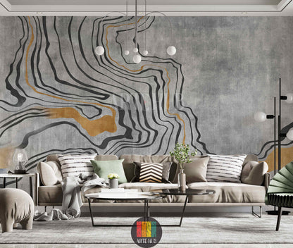 Modern bedroom featuring a large abstract wallpaper with flowing black and gold lines on a textured grey background. The wall art enhances the contemporary home decor in Egypt, creating a luxurious and serene atmosphere.
غرفة نوم عصرية مع ورق حائط كبير بتصميم مجرد بخطوط سوداء وذهبية متدفقة على خلفية رمادية. لوحات الحائط هذه تضيف لمسة فخمة لديكور المنزل في مصر.
room: living room