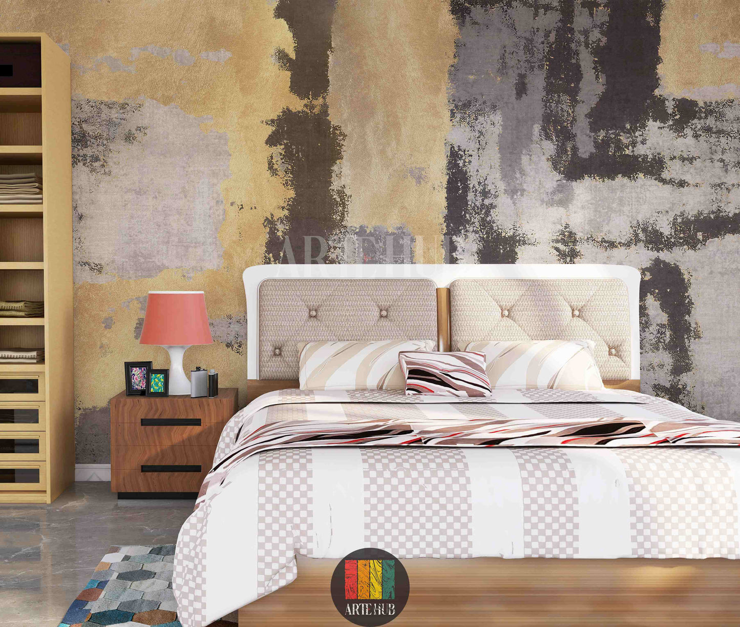 Full shot of a living room featuring a modern abstract wallpaper in gold, grey, and dark brown tones, resembling aged patina texture. The room includes a beige sofa with cushions, a wooden coffee table, and a floor lamp, showcasing stylish home decor in Egypt.
صورة كاملة لغرفة معيشة تتميز بورق حائط تجريدي عصري بألوان ذهبية، رمادية وبنية داكنة، يشبه ملمس الصدأ أو الطبقة القديمة. الغرفة تحتوي على أريكة بيج ووسائد، طاولة قهوة خشبية، ومصباح أرضي، مما يعرض ديكور منزل أنيق في مصر.
room: bedroom