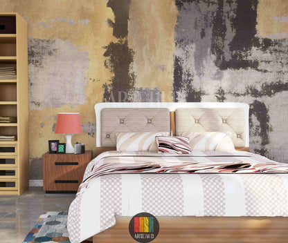 Full shot of a living room featuring a modern abstract wallpaper in gold, grey, and dark brown tones, resembling aged patina texture. The room includes a beige sofa with cushions, a wooden coffee table, and a floor lamp, showcasing stylish home decor in Egypt.
صورة كاملة لغرفة معيشة تتميز بورق حائط تجريدي عصري بألوان ذهبية، رمادية وبنية داكنة، يشبه ملمس الصدأ أو الطبقة القديمة. الغرفة تحتوي على أريكة بيج ووسائد، طاولة قهوة خشبية، ومصباح أرضي، مما يعرض ديكور منزل أنيق في مصر.
room: bedroom