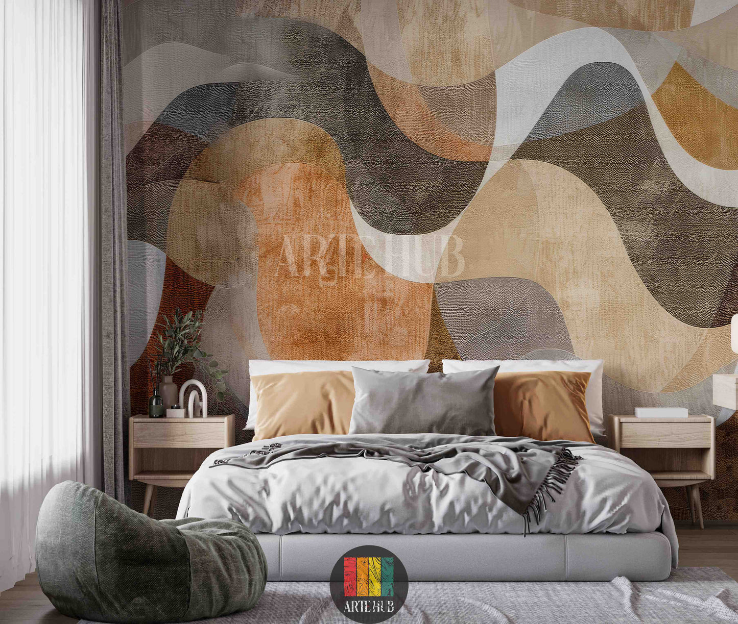 Full view of a modern living room featuring an abstract wavy pattern wallpaper in earthy tones of brown, beige, and grey. A neutral-colored L-shaped sofa with throw blankets and pillows sits against the wall. A dark wood coffee table with decor items, a TV unit, a floor lamp, and two brown leather armchairs are also visible, showcasing contemporary home decor in Egypt.
منظر كامل لغرفة معيشة عصرية تضم ورق حائط بتصميم أمواج تجريدية بألوان ترابية من البني والبيج والرمادي.  L بلون محايد 
room: bedroom