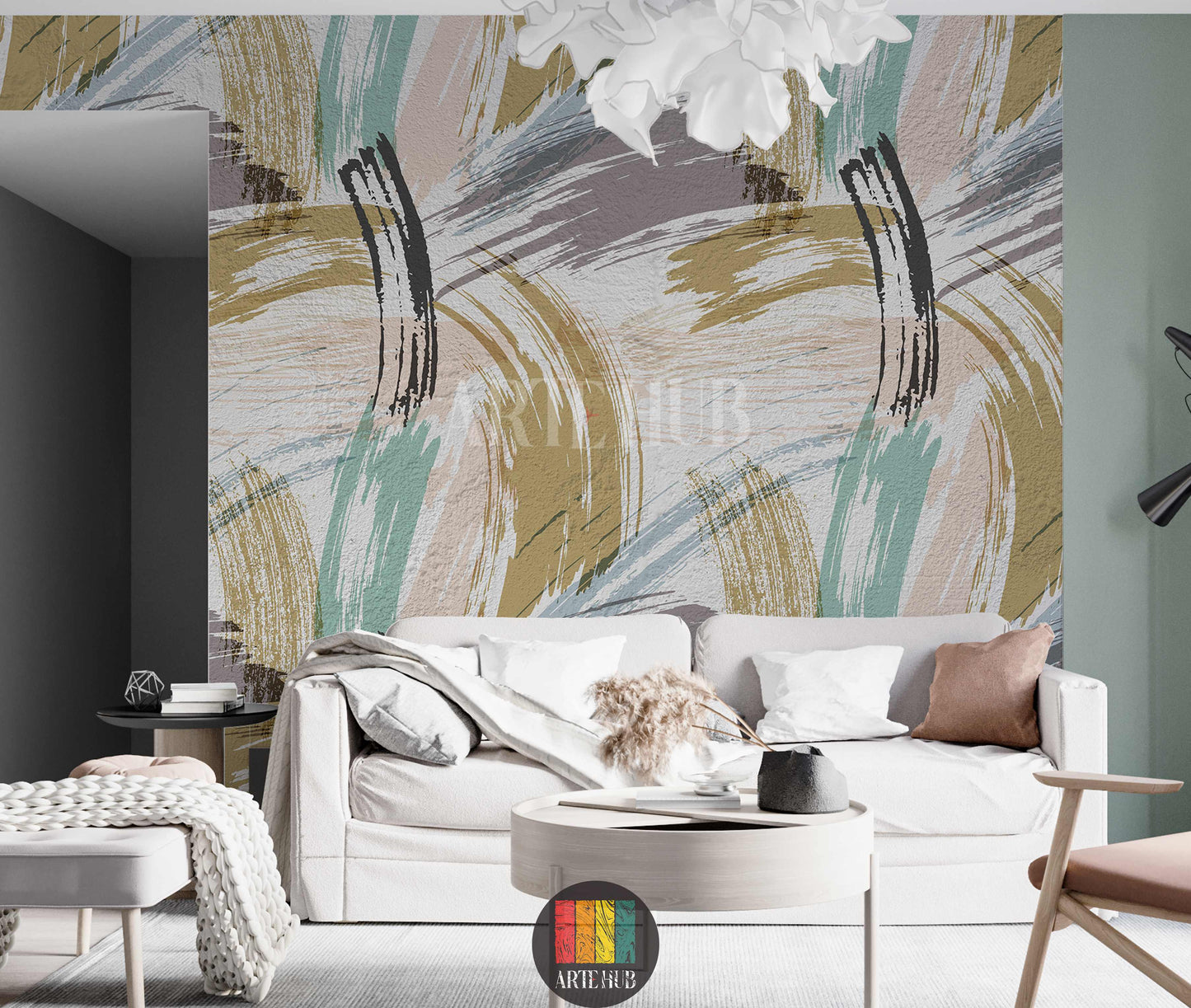 Modern abstract brush stroke wallpaper in muted tones (gold, teal, grey, blush) installed on a wall with a floating wooden staircase in a contemporary Egyptian living space. Perfect for stylish home decoration in Egypt.
ورق حائط عصري بتصميم ضربات فرشاة تجريدية بألوان هادئة (ذهبي، فيروزي، رمادي، وردي) على جدار مع درج خشبي معلق في مساحة معيشة عصرية في مصر. مثالي لديكور الحائط الأنيق في المنازل المصرية.
room: living room
