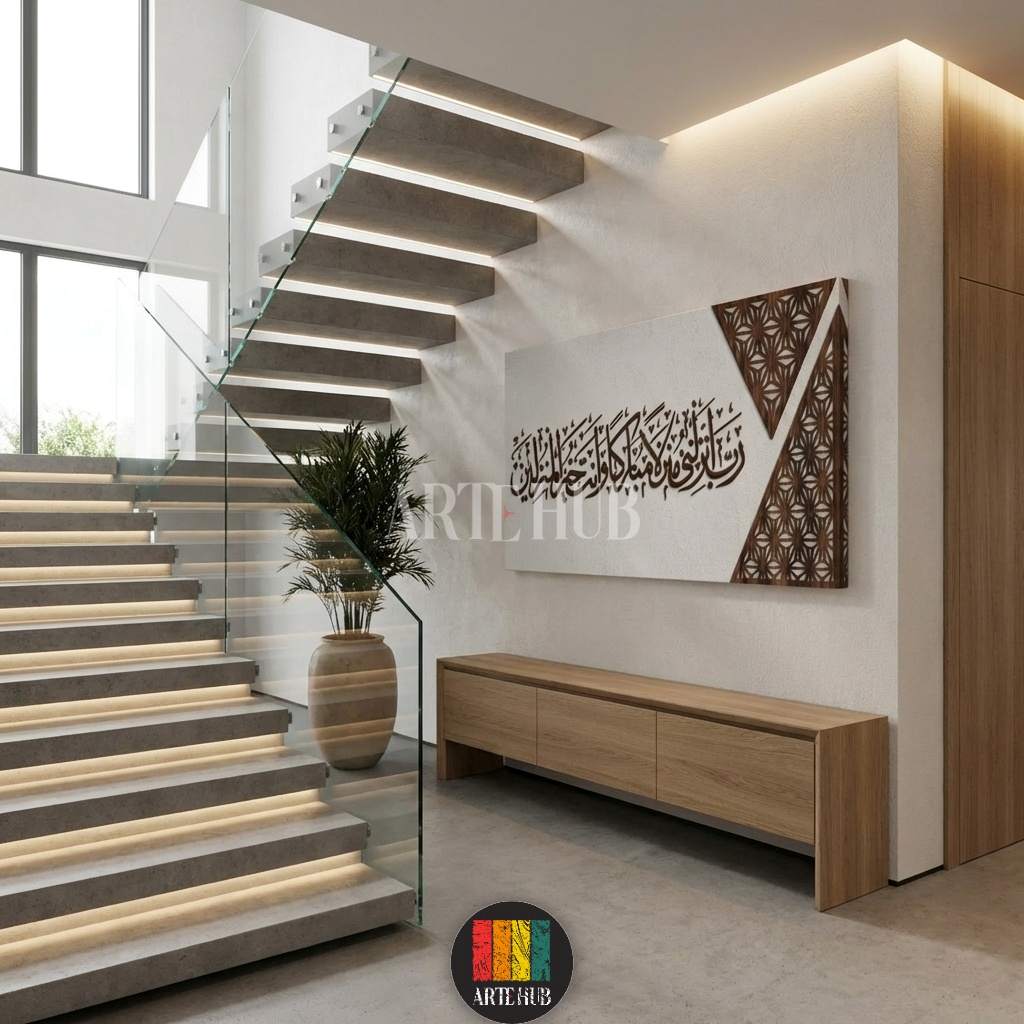 Large horizontal canvas wall art featuring modern Arabic calligraphy and geometric patterns in a luxury minimalist hallway with a staircase in Egypt.