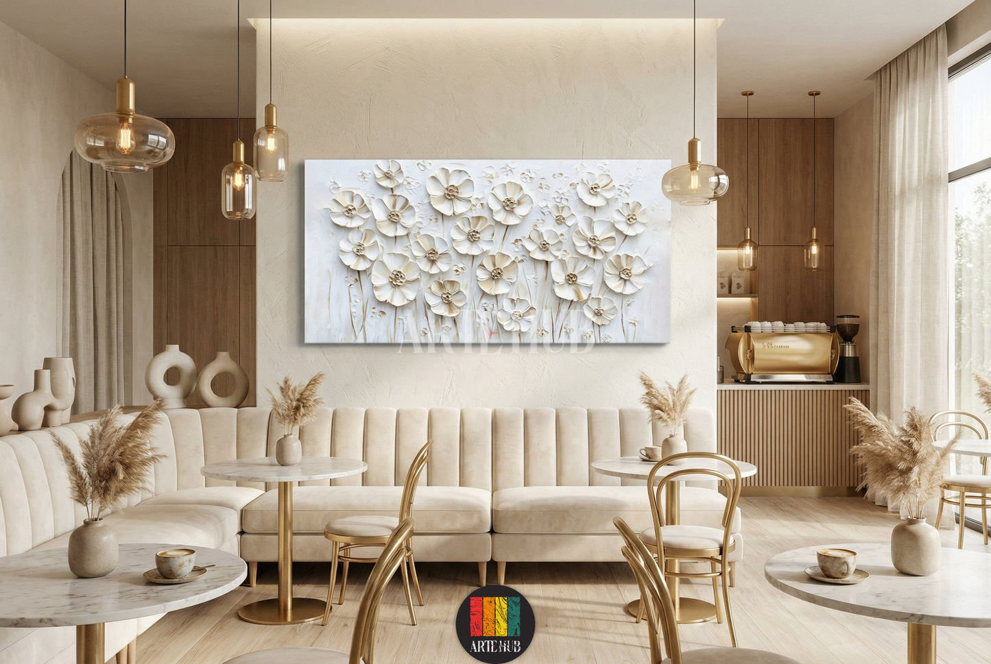 A large rectangular canvas wall art featuring 3D sculpted white flowers with gold accents, displayed in a modern luxury cafe interior in Egypt.