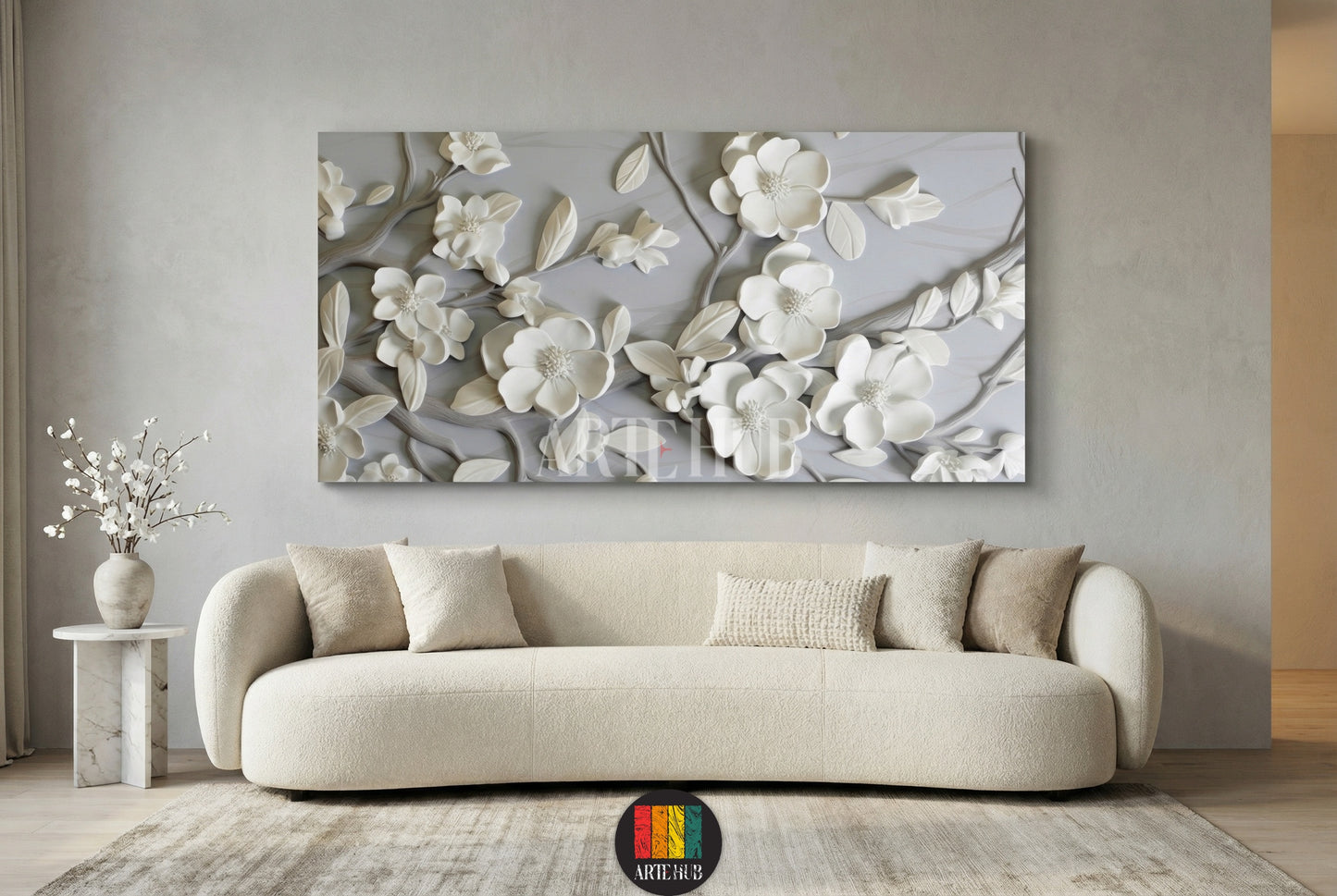 Modern luxury canvas wall art featuring a 3D white floral relief design with elegant blossoms for high-end home decor in Egypt.