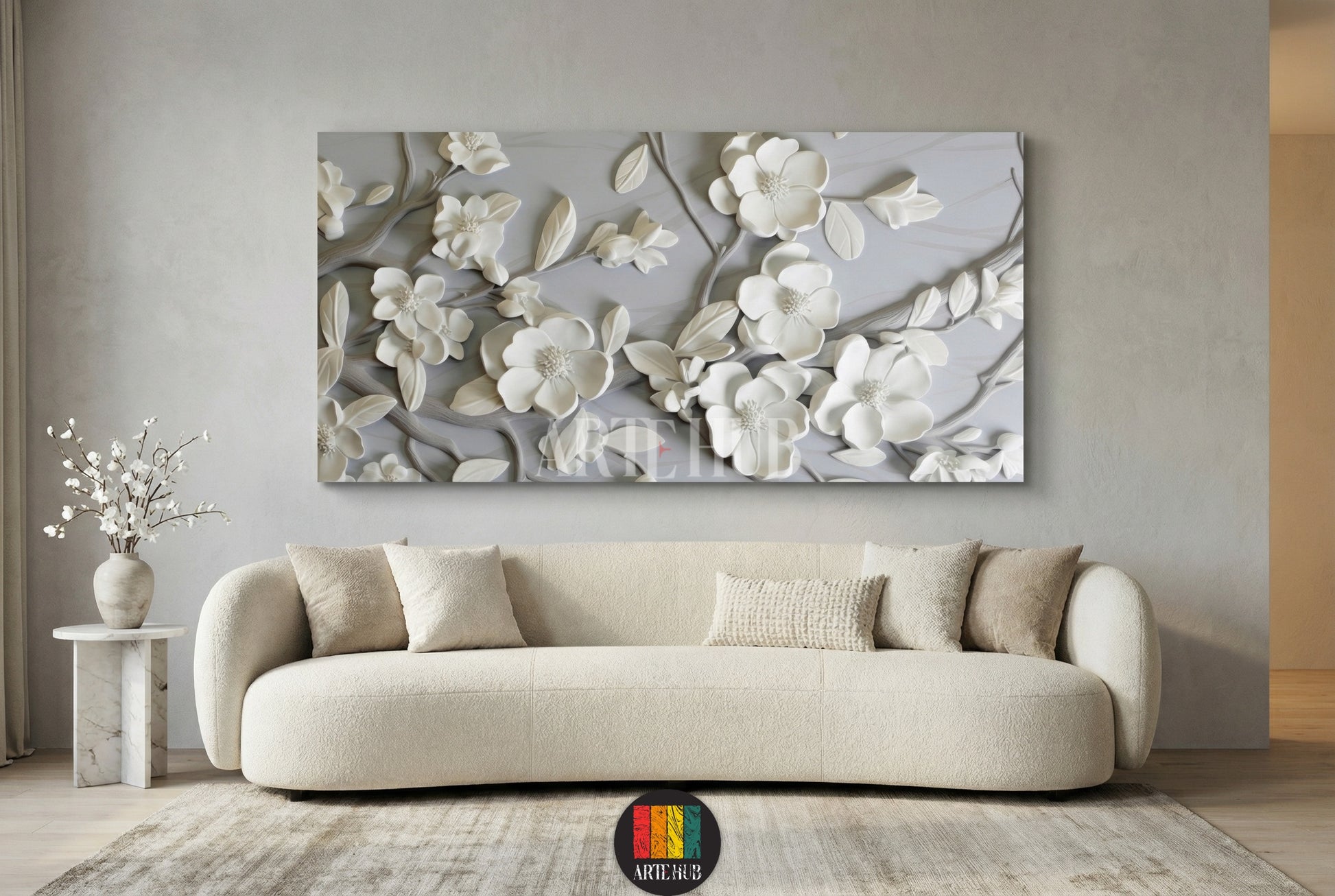 Modern luxury canvas wall art featuring a 3D white floral relief design with elegant blossoms for high-end home decor in Egypt.