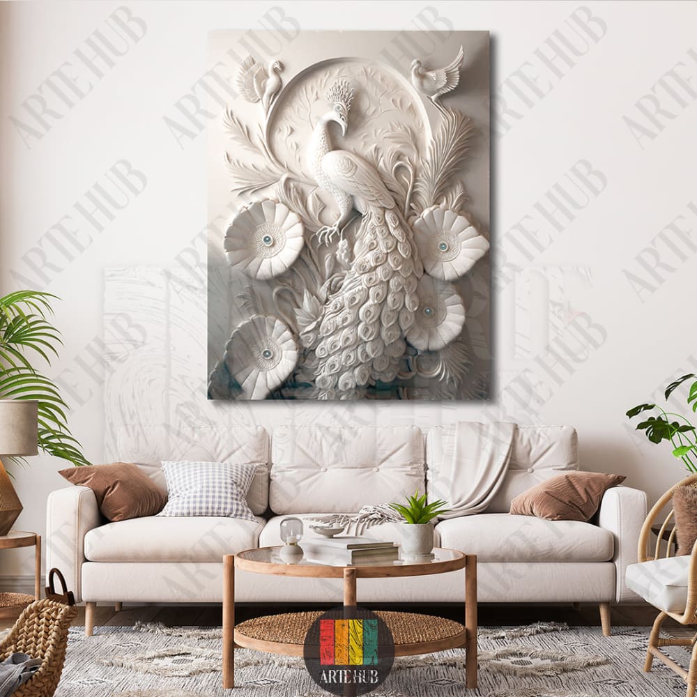 A luxurious 3D relief-style white peacock canvas wall art featuring intricate feather carvings and elegant floral details for premium home decor.