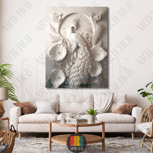 A luxurious 3D relief-style white peacock canvas wall art featuring intricate feather carvings and elegant floral details for premium home decor.