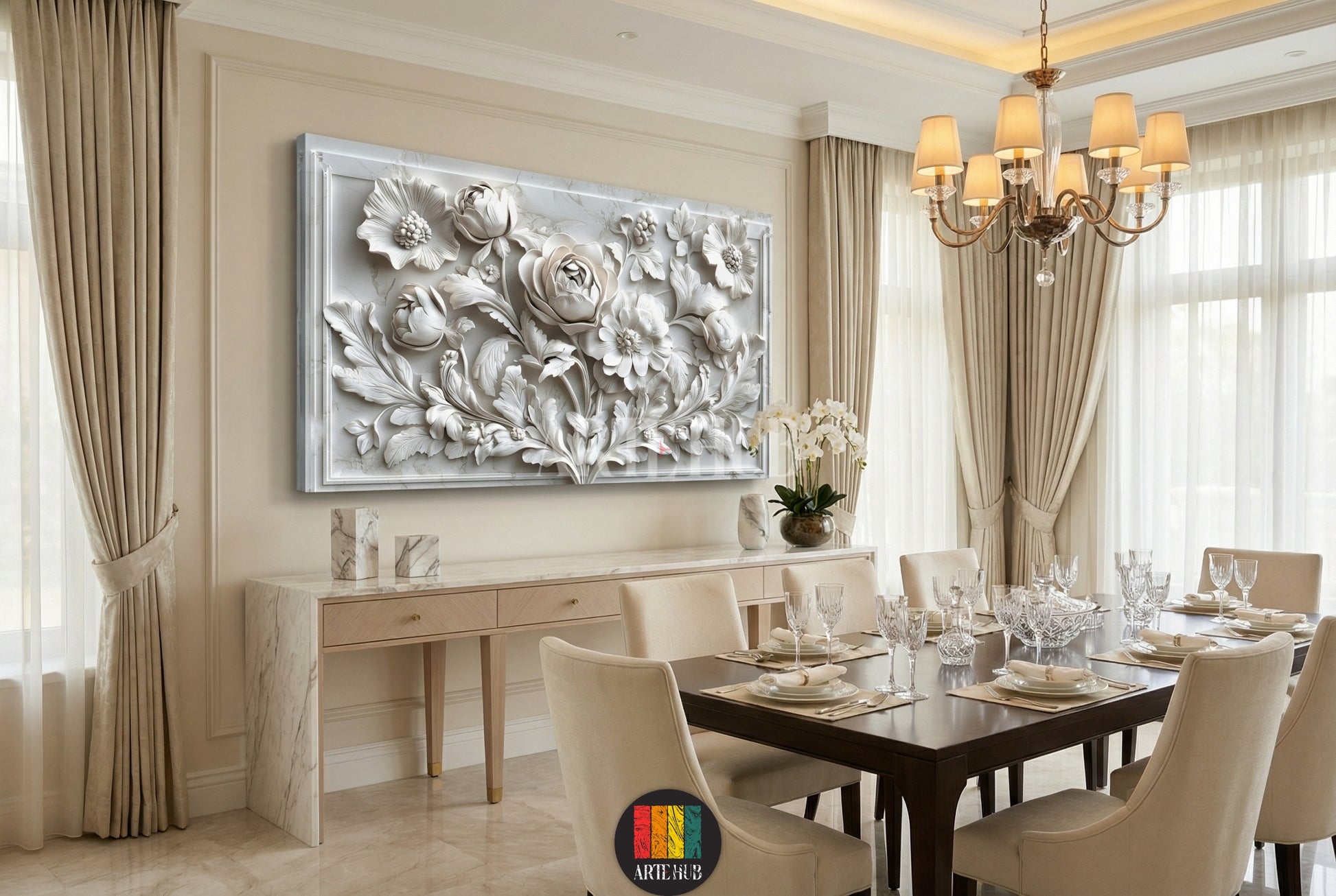 Sophisticated 3D white floral relief canvas wall art above a marble console in a premium dining room, luxury home decor Egypt.