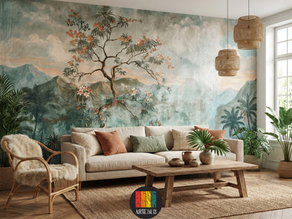 A large-scale vintage mountain landscape wallpaper mural with tropical palm trees and a flowering tree behind a sofa in a modern Egyptian living room.
room: living room