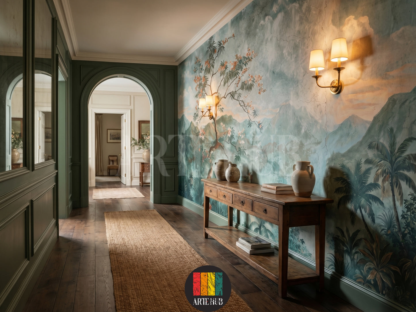 A luxurious hallway featuring a full-wall mural wallpaper of a serene mountain landscape with trees and tropical elements, ideal for modern homes in Egypt.
room: hallway