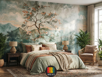 A serene bedroom featuring a large mural wallpaper of a blooming tree and misty mountains, ideal for luxury modern wall decor in Egypt.
room: bedroom