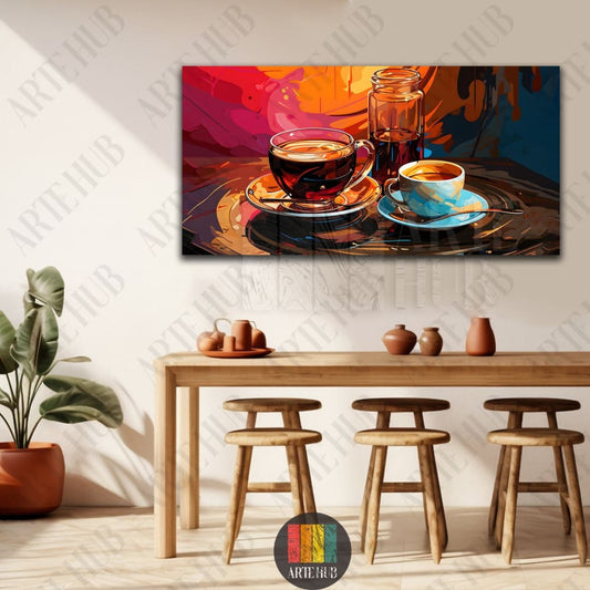 Vibrant abstract canvas wall art featuring coffee cups and a glass bottle in bold red, orange, and blue colors for modern kitchen decor in Egypt.