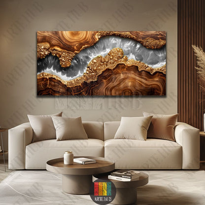 Horizontal luxury canvas wall art with abstract brown agate patterns and liquid gold textures displayed in a premium living room interior in Egypt.