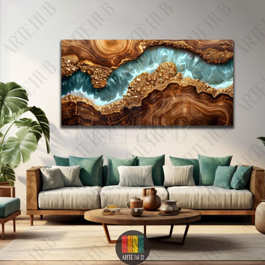 A premium canvas wall art featuring a polished wood grain texture and a glowing turquoise resin river with gold highlights in a modern Egyptian interior.