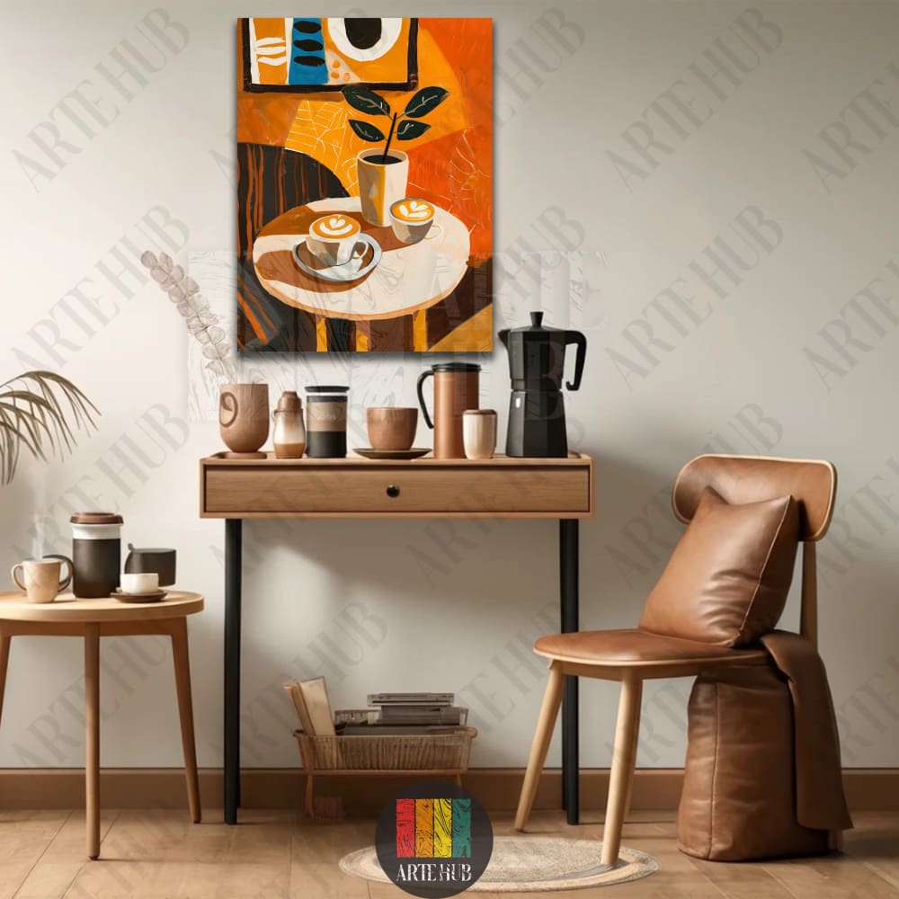 Vibrant abstract canvas wall art of a coffee table scene with latte art and geometric shapes in orange and brown tones.
