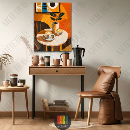 Vibrant abstract canvas wall art of a coffee table scene with latte art and geometric shapes in orange and brown tones.