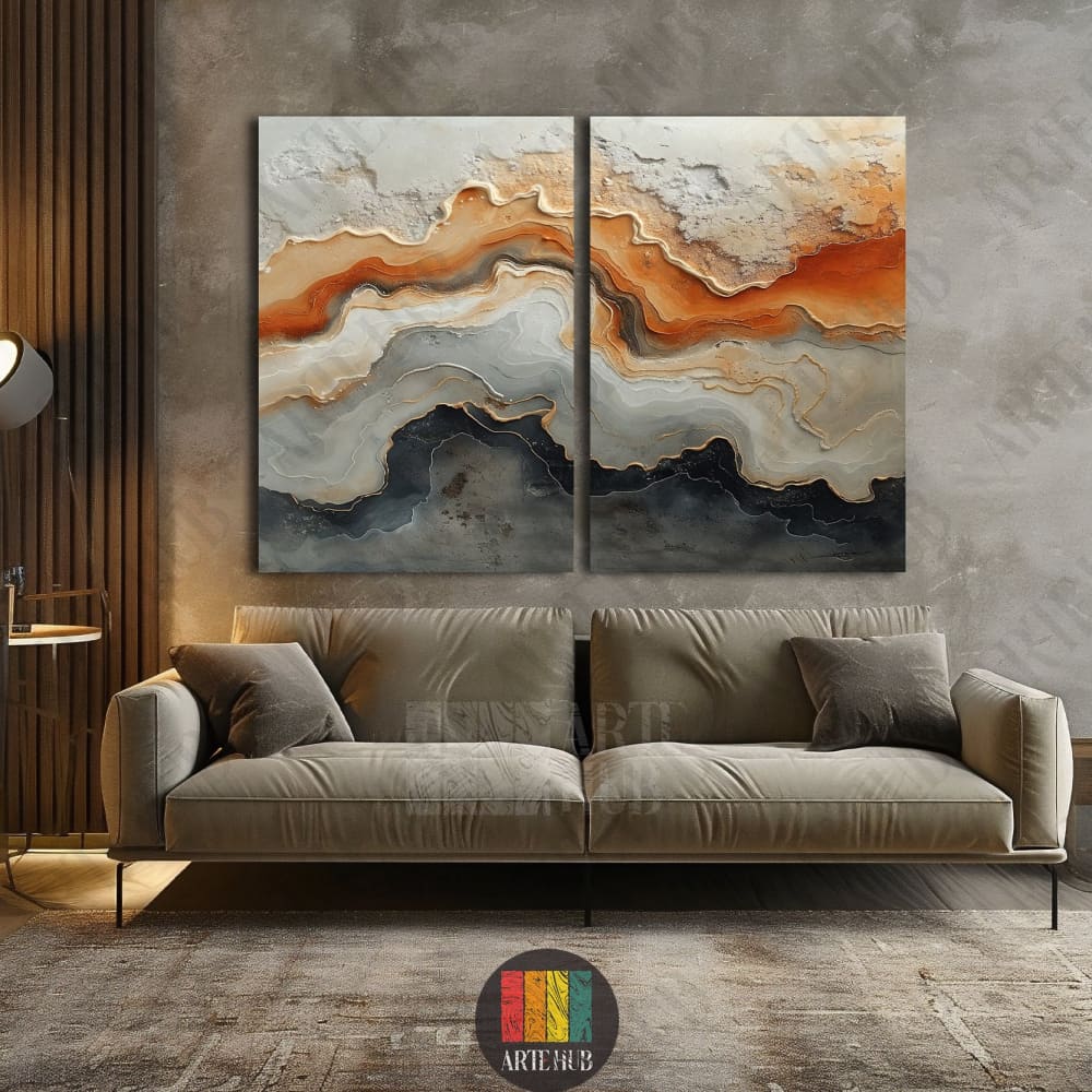 Premium diptych canvas wall art featuring abstract fluid patterns of amber, slate, and gold, perfect for luxury modern living rooms in Egypt.