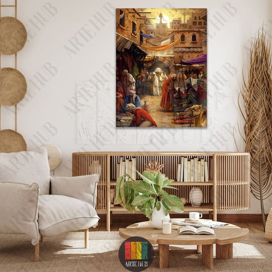 A high-quality canvas art print depicting a traditional Egyptian bazaar scene with stone buildings, merchants, and a camel in warm golden lighting.