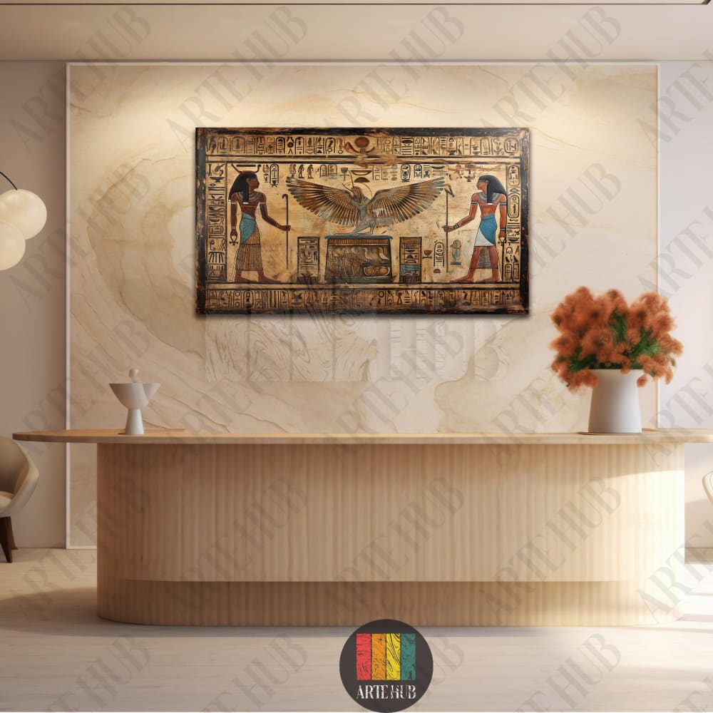 A rectangular canvas wall art featuring ancient Egyptian hieroglyphics and a winged deity in gold and earthy tones, perfect for luxury home decor in Egypt.