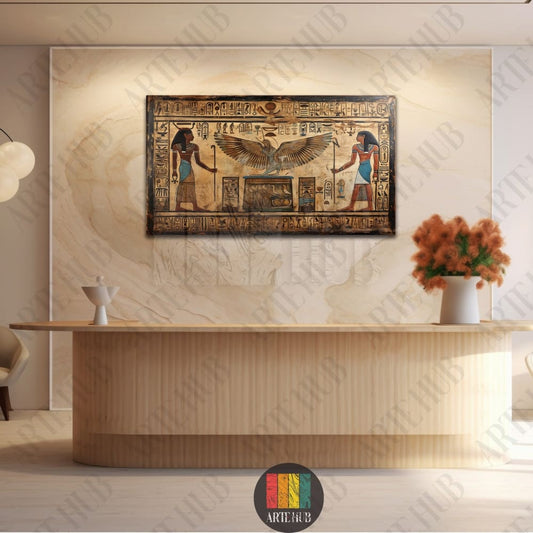 A rectangular canvas wall art featuring ancient Egyptian hieroglyphics and a winged deity in gold and earthy tones, perfect for luxury home decor in Egypt.