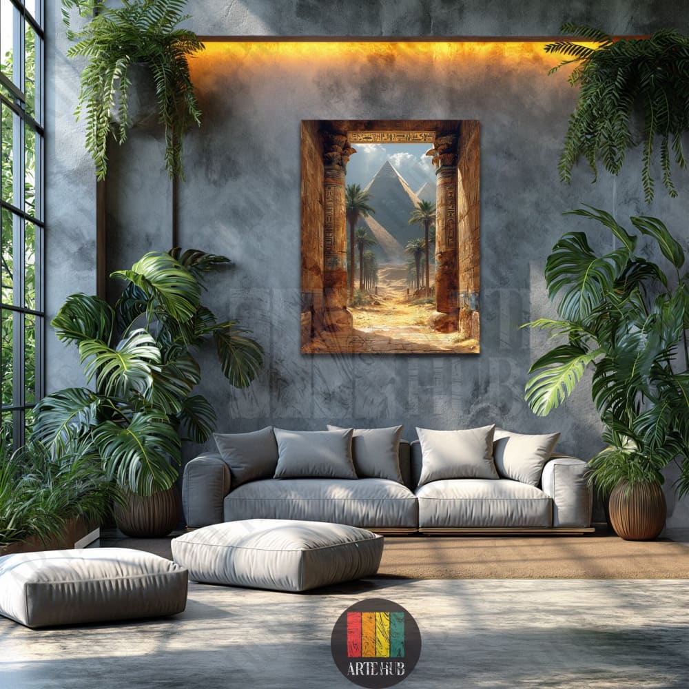 A modern canvas wall art depicting the Giza pyramids through an ancient Egyptian temple gateway with palm trees in a luxury living room setting.