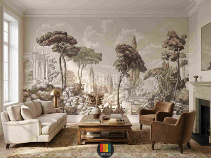 Classic landscape mural wallpaper with Mediterranean trees and architecture in a neutral living room, luxury home decor Egypt.
room: living room