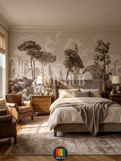 A luxurious bedroom featuring a sepia-toned classical landscape wallpaper mural with Mediterranean trees and Roman architecture in Egypt.
room: bedroom