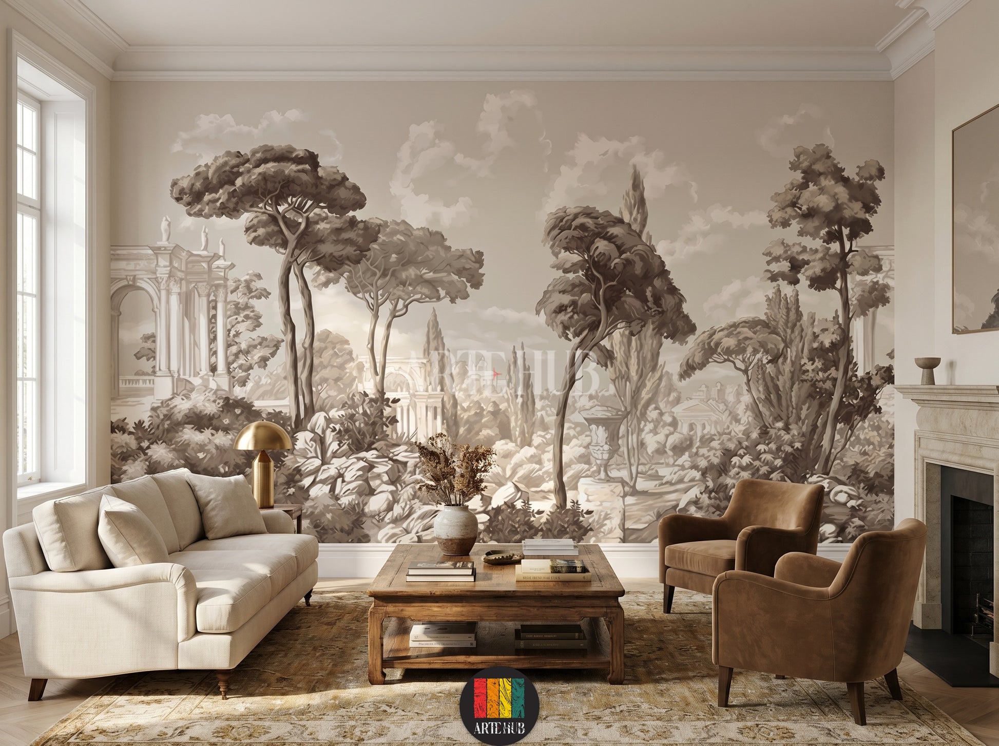 Sophisticated sepia-toned vintage landscape wallpaper mural featuring classical Roman architecture and forest trees in a luxury living room.
room: living room