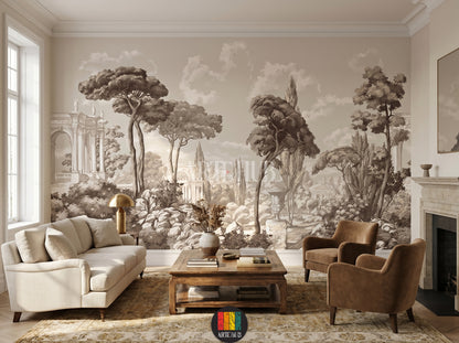 Sophisticated sepia-toned vintage landscape wallpaper mural featuring classical Roman architecture and forest trees in a luxury living room.
room: living room