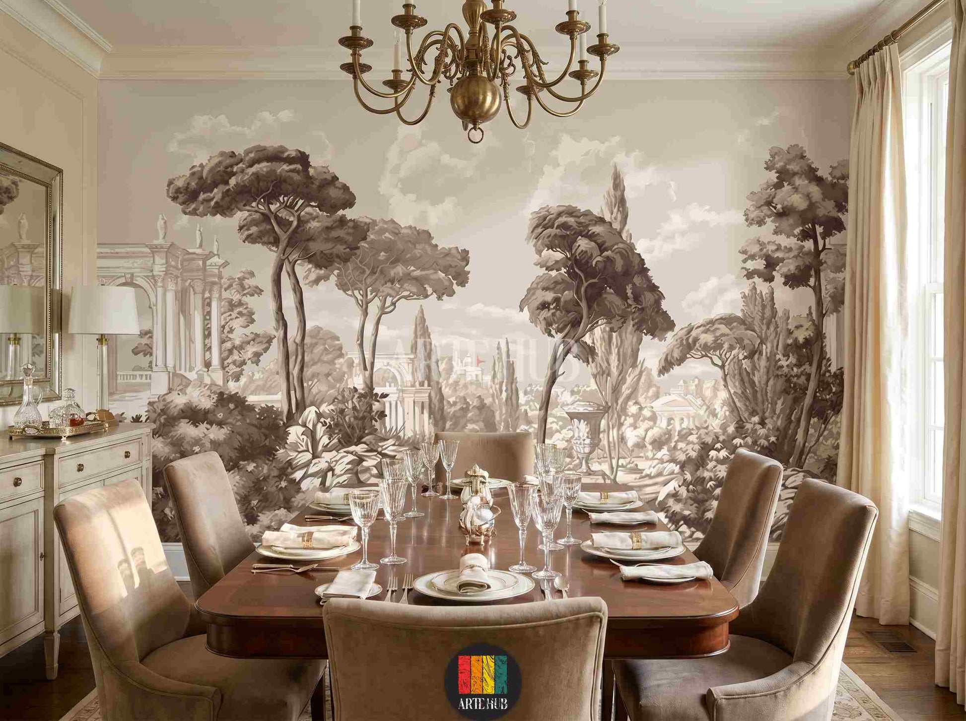 A sophisticated monochromatic vintage landscape wallpaper mural featuring classical architecture and trees in a luxury dining room setting.
room: dining room