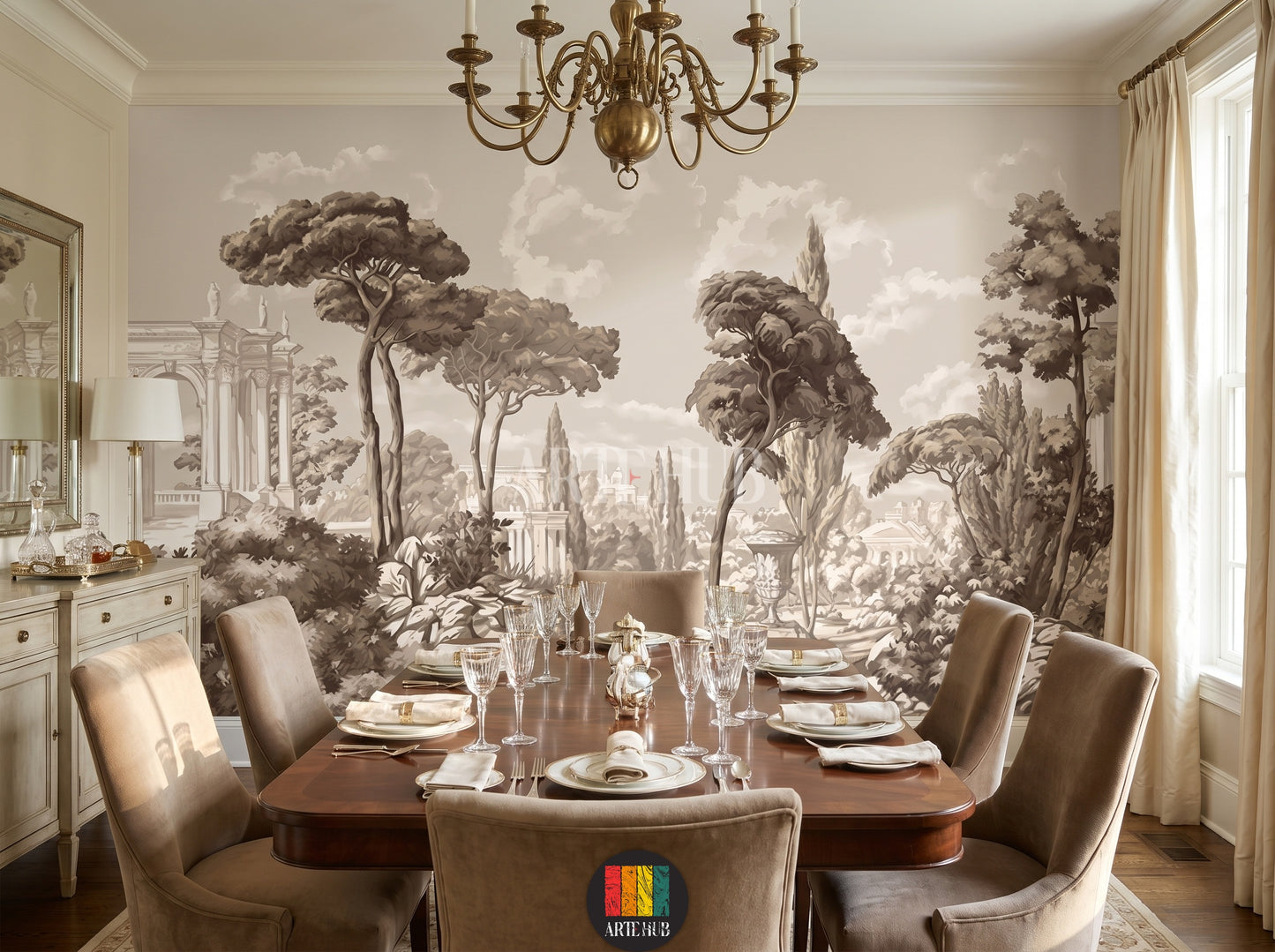 A luxurious dining room featuring a monochrome vintage landscape mural wallpaper with classical architecture and Mediterranean trees in a sepia tone.
room: dining room