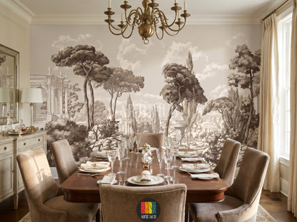 A luxurious dining room featuring a monochrome vintage landscape mural wallpaper with classical architecture and Mediterranean trees in a sepia tone.
room: dining room
