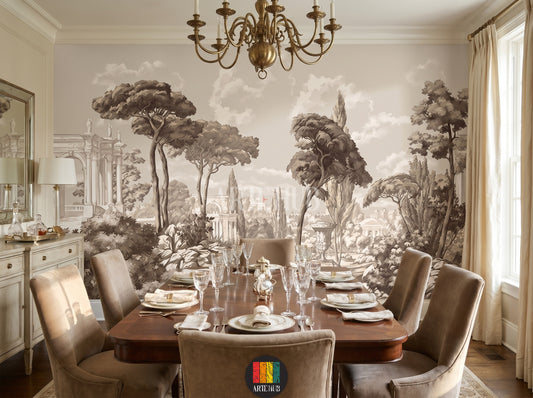 A luxurious dining room featuring a monochrome vintage landscape mural wallpaper with classical architecture and Mediterranean trees in a sepia tone.
room: dining room