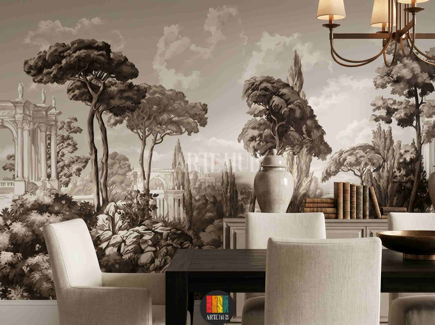 Sepia-toned vintage landscape wallpaper featuring classical Roman architecture and Mediterranean pine trees in a luxury dining room setting.
room: dining room