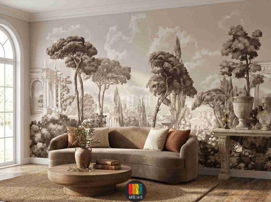 A luxurious sepia-toned vintage landscape wallpaper mural featuring classical Roman architecture and Mediterranean trees in a modern living room setting.
room: living room