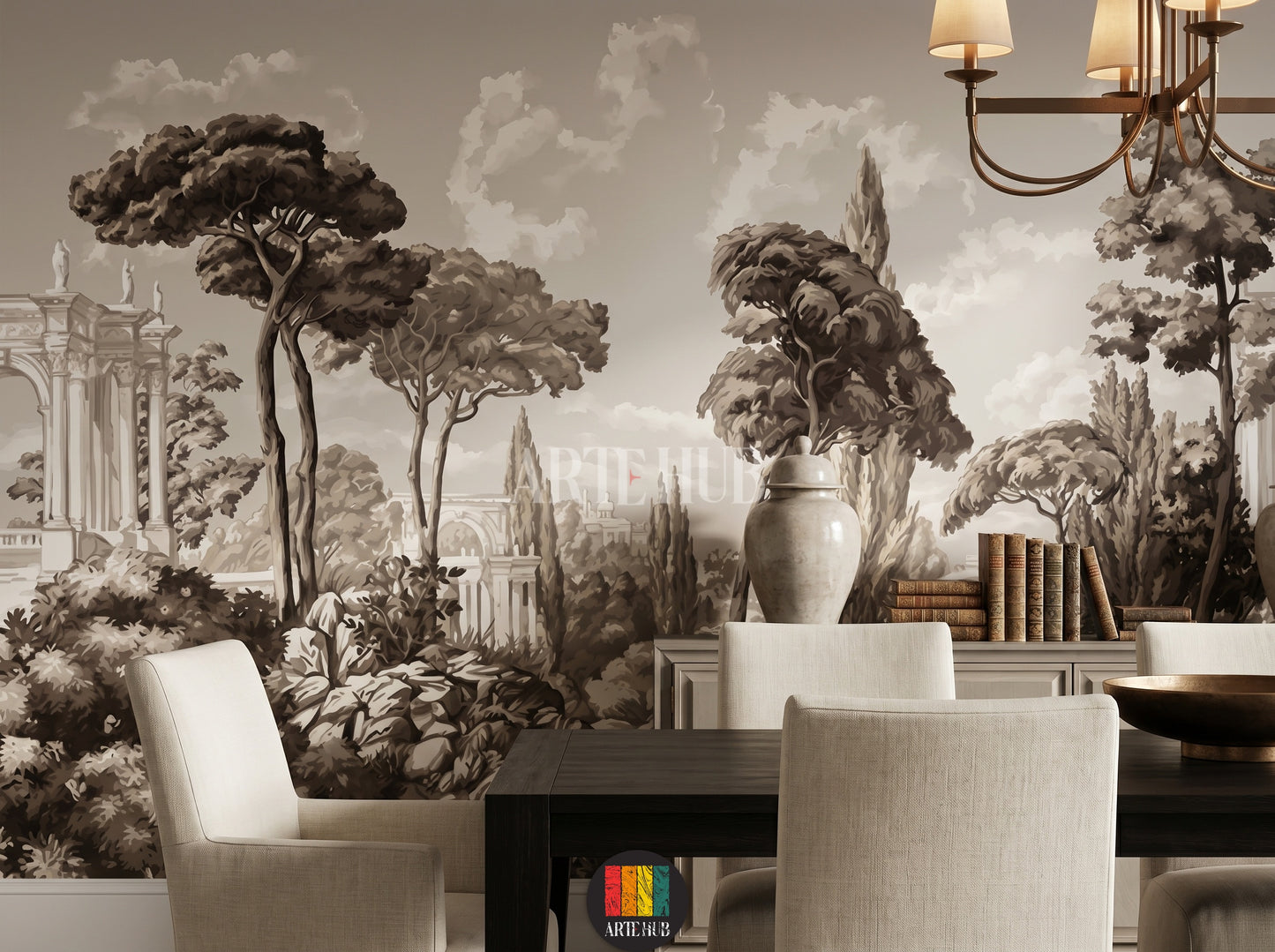 Large scale vintage sepia landscape wallpaper mural showing classical ruins and Mediterranean trees in a modern Egyptian dining room.
room: dining room